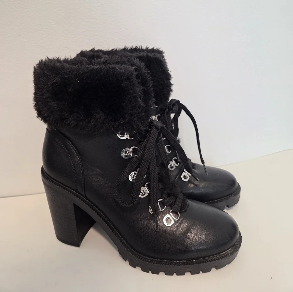 G By Guess Black Lace Up And Zip Stacked Heel Boots Studded Size 7.5 M